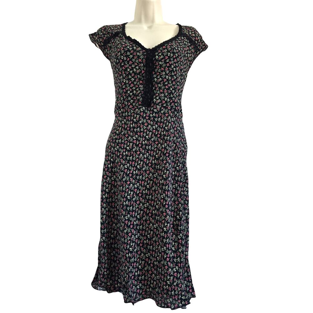Vintage Y2K Rampage Ditsy Floral Midi Dress Sz-9 Lace Trim V-neck Asymmetry hem
